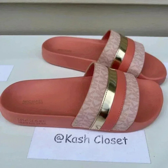 Michael Kors Shoes - Michael Kors Brandy Metallic Striped Logo Slide Sandal- Sherbert